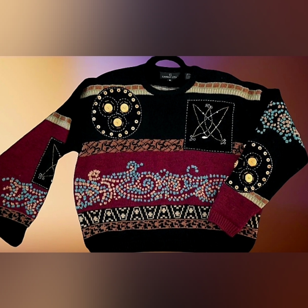 π£ Vintage 90's Carole Little Coogi Knit Wool Sweater Unique Detail Beaded M π - Picture 2 of 7